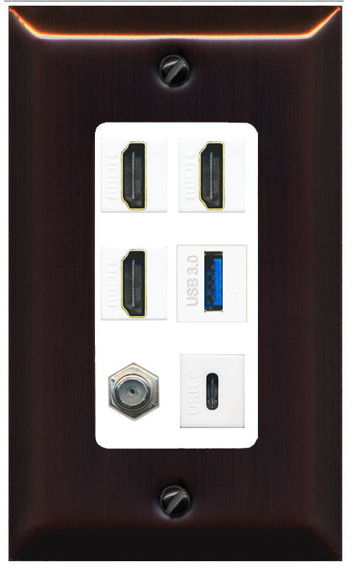RiteAV 3 HDMI USB3 USBC Coax Wall Plate - 1 Gang Decorative [Bronze/White]