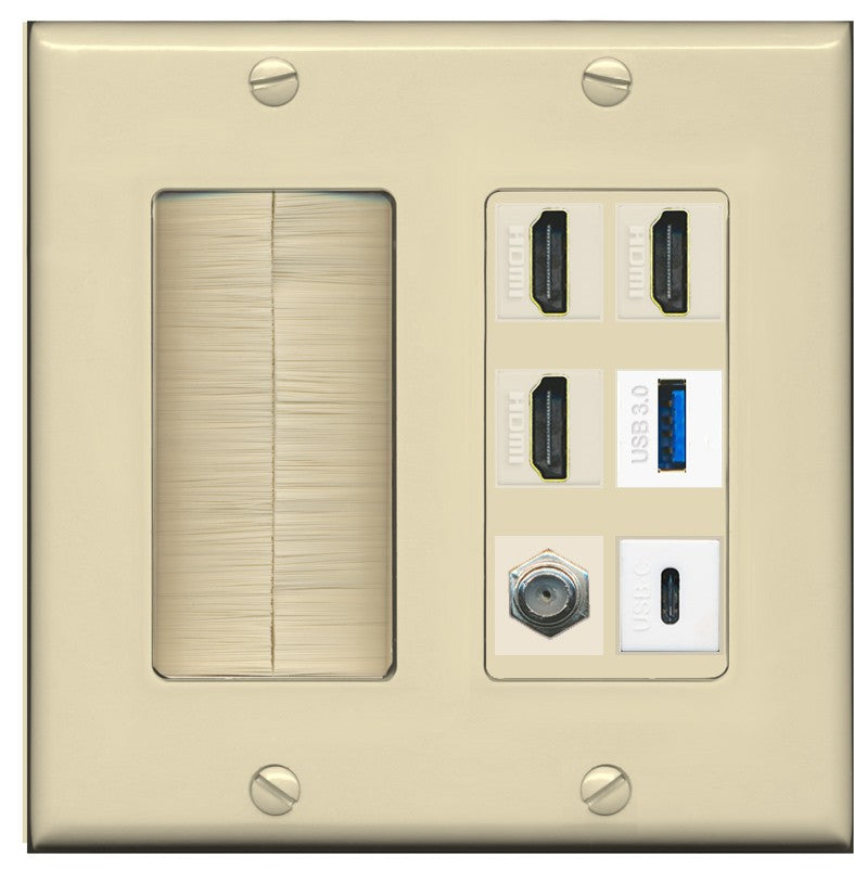 RiteAV 3 HDMI USB3 USBC Coax Wall Plate - Brush [Ivory/Ivory]