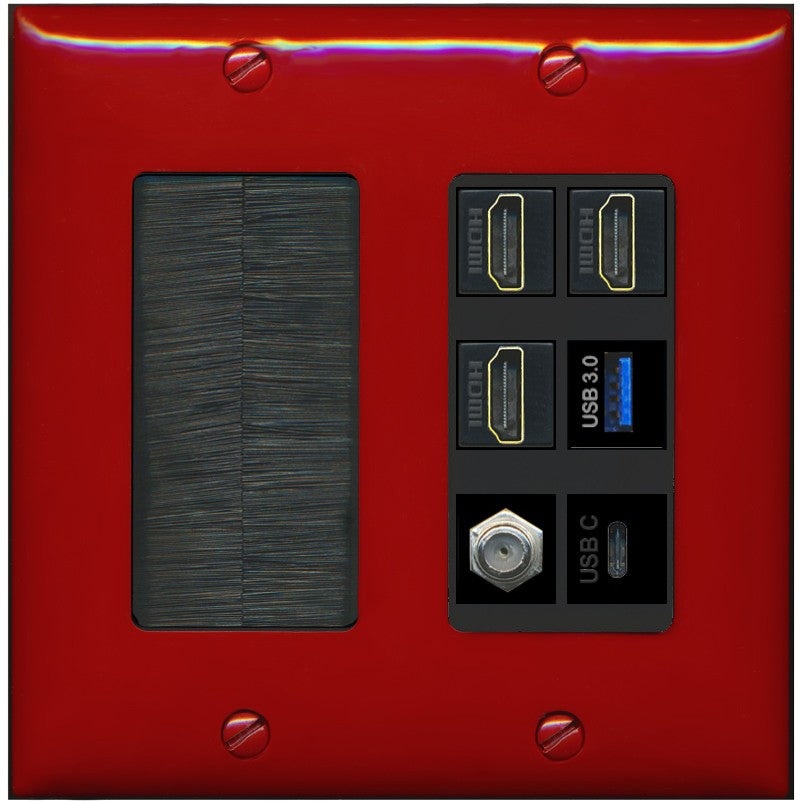 RiteAV 3 HDMI USB3 USBC Coax Wall Plate - Brush [Red/Black]
