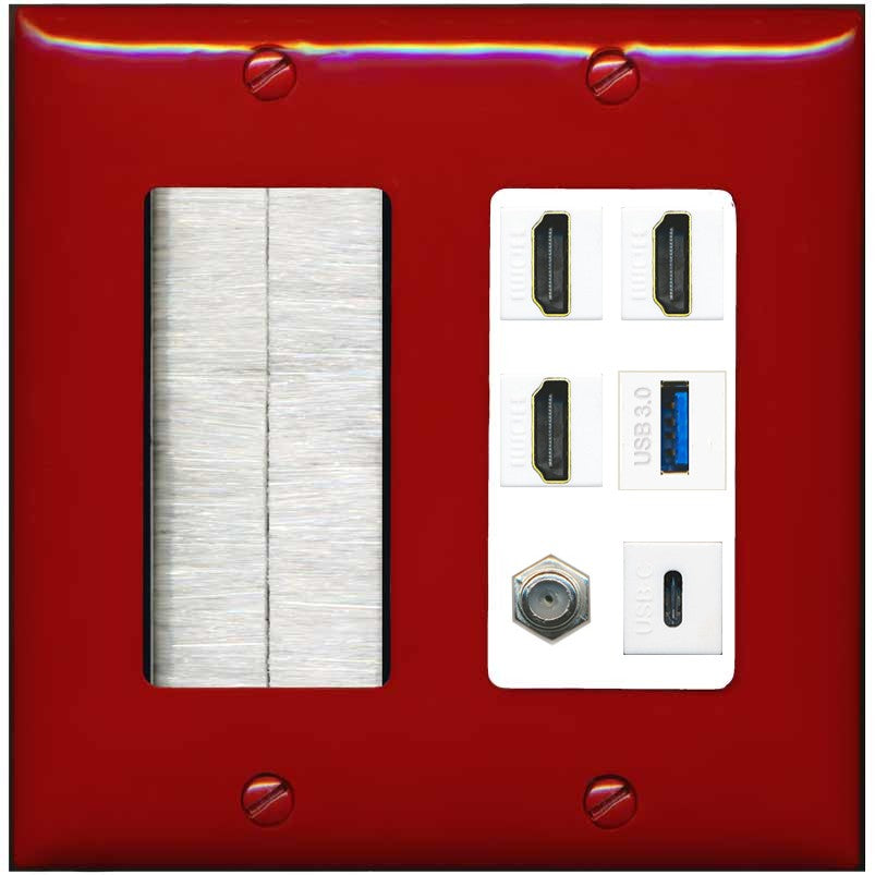RiteAV 3 HDMI USB3 USBC Coax Wall Plate - Brush [Red/White]