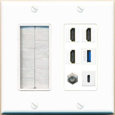 RiteAV 3 HDMI USB3 USBC Coax Wall Plate - Brush [White]