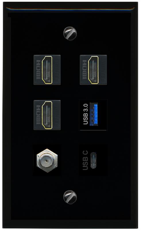 RiteAV 3 HDMI USB3 USBC Coax Wall Plate - Flat [Black/Black]