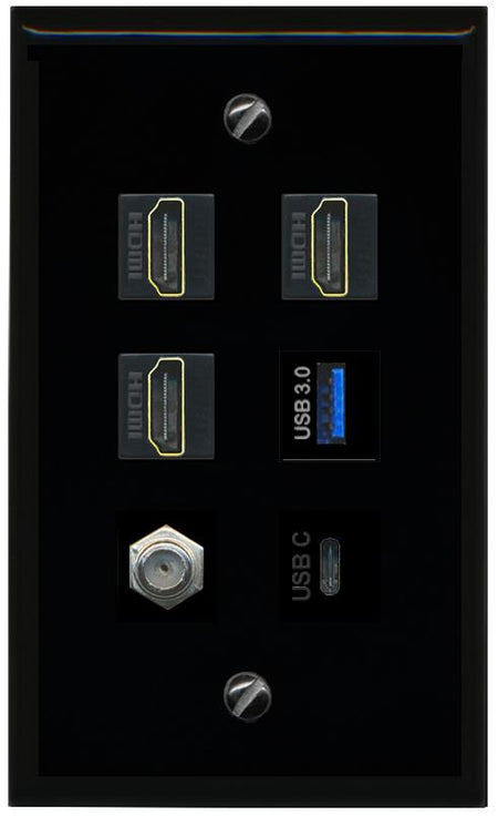 RiteAV 3 HDMI USB3 USBC Coax Wall Plate - Flat [Black/Black]