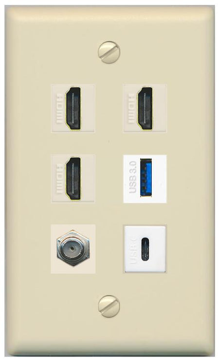 RiteAV 3 HDMI USB3 USBC Coax Wall Plate - Flat [Ivory/Ivory]