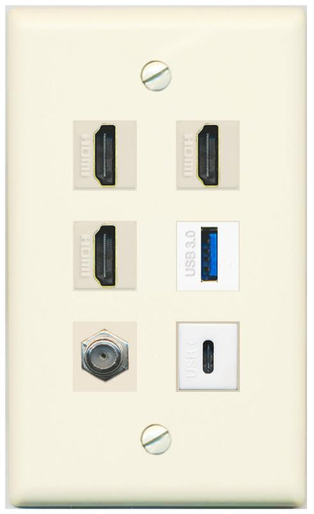 RiteAV 3 HDMI USB3 USBC Coax Wall Plate - Flat [Light-Almond]