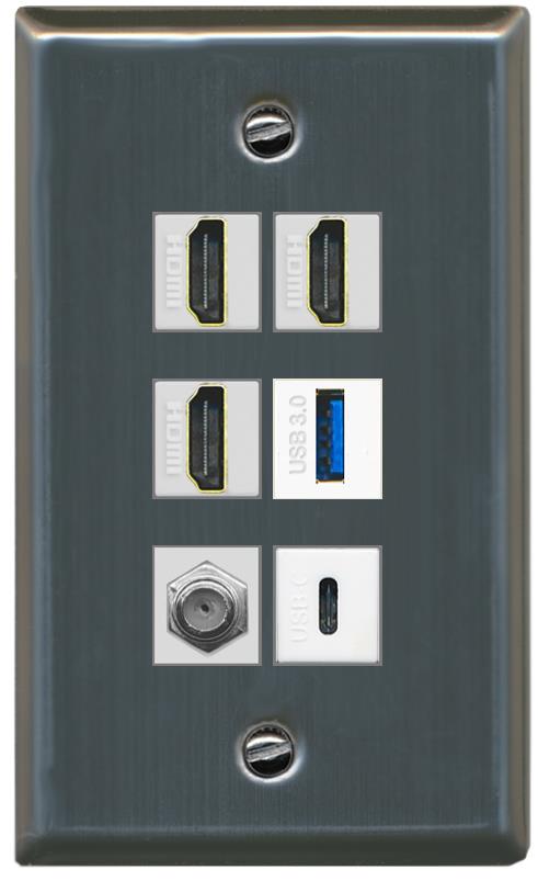 RiteAV 3 HDMI USB3 USBC Coax Wall Plate - Flat [Stainless Steel]
