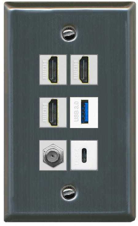 RiteAV 3 HDMI USB3 USBC Coax Wall Plate - Flat [Stainless Steel]