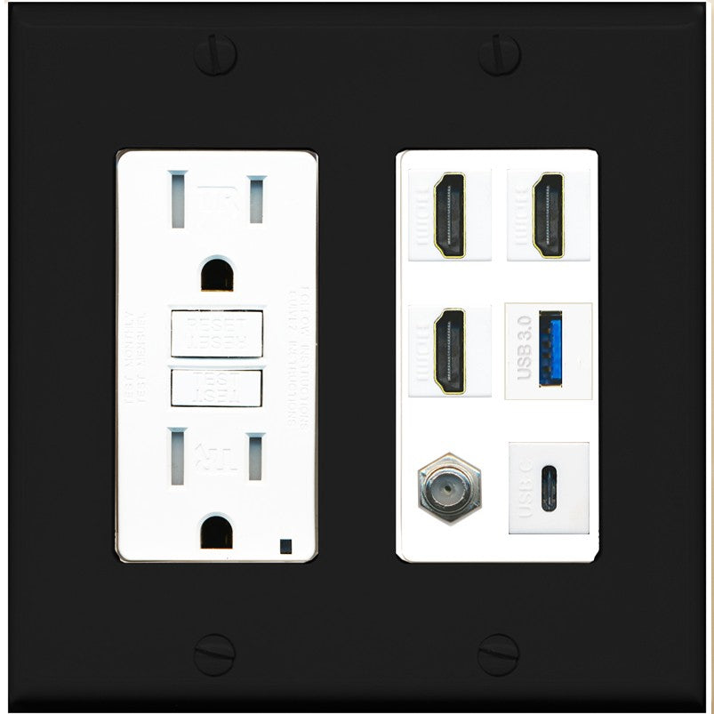 RiteAV 3 HDMI USB3 USBC Coax Wall Plate - GFCI Outlet [Black/White]