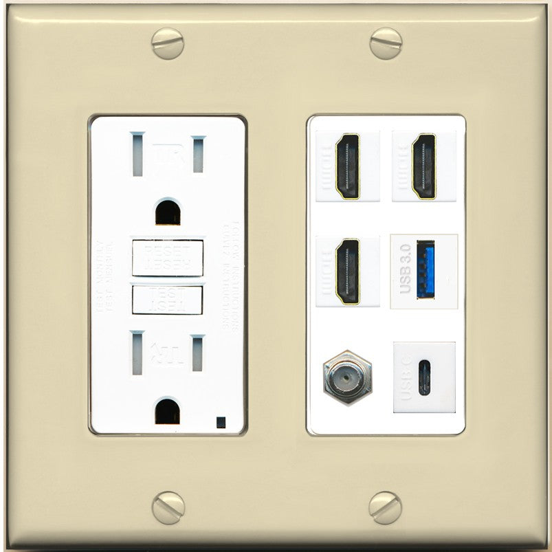 RiteAV 3 HDMI USB3 USBC Coax Wall Plate - GFCI Outlet [Ivory/White]