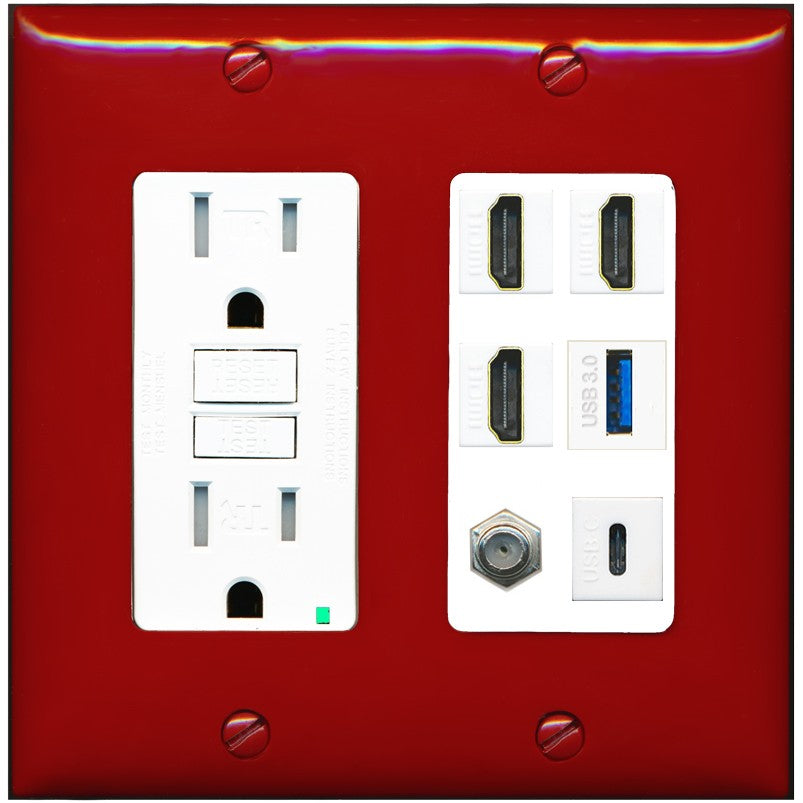 RiteAV 3 HDMI USB3 USBC Coax Wall Plate - GFCI Outlet [Red/White]