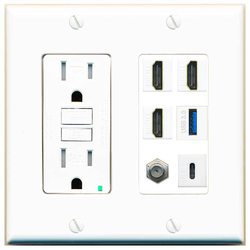 RiteAV 3 HDMI USB3 USBC Coax Wall Plate - GFCI Outlet [White]