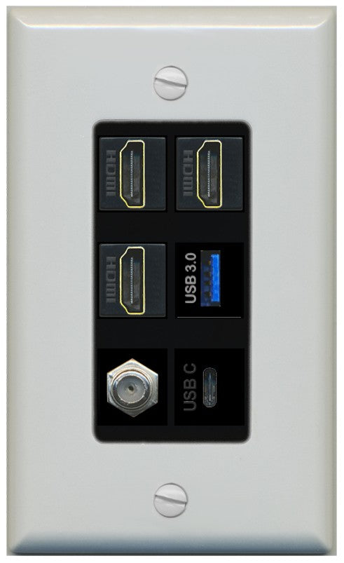 RiteAV 3 HDMI USB3 USBC Coax Wall Plate - 1 Gang Decorative [Gray/Black]