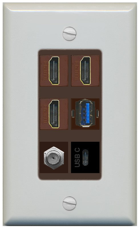 RiteAV 3 HDMI USB3 USBC Coax Wall Plate - 1 Gang Decorative [Gray/Brown]