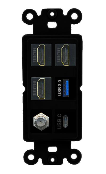 RiteAV 3 HDMI USB3 USBC Coax Wall Plate - Rocker [Black/Black]