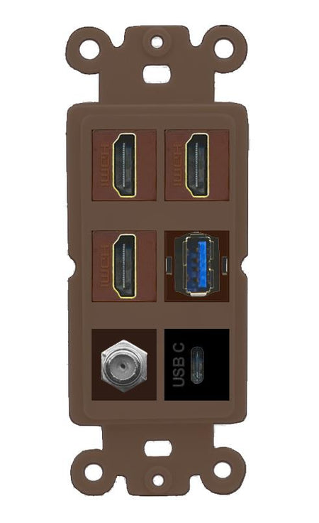 RiteAV 3 HDMI USB3 USBC Coax Wall Plate - Rocker [Brown/Brown]