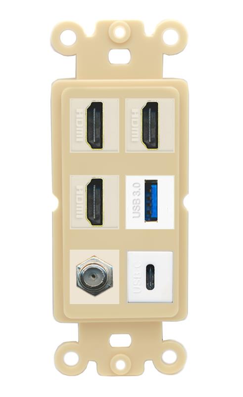 RiteAV 3 HDMI USB3 USBC Coax Wall Plate - Rocker [Ivory/Ivory]