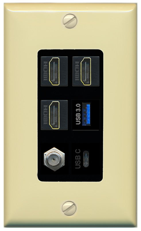RiteAV 3 HDMI USB3 USBC Coax Wall Plate - 1 Gang Decorative [Ivory/Black]