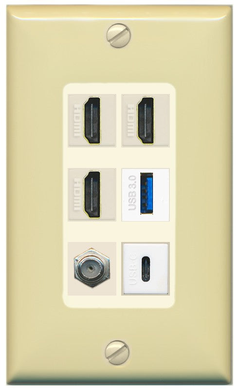 RiteAV 3 HDMI USB3 USBC Coax Wall Plate - 1 Gang Decorative [Ivory/Light-Almond]