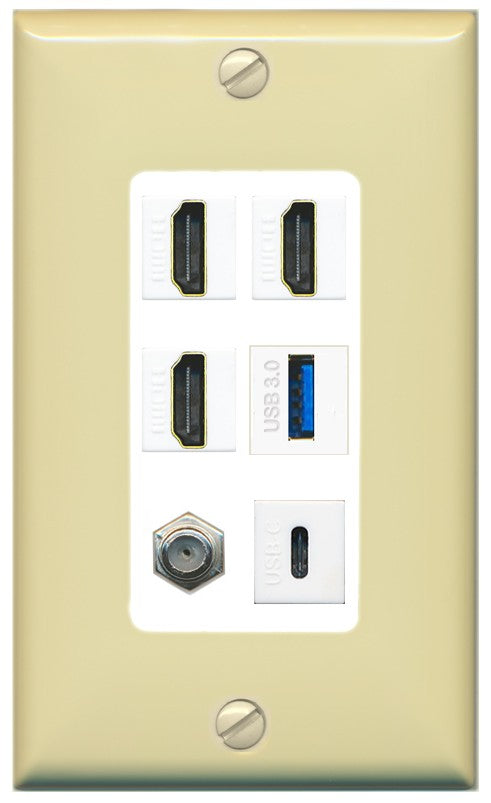 RiteAV 3 HDMI USB3 USBC Coax Wall Plate - 1 Gang Decorative [Ivory/White]