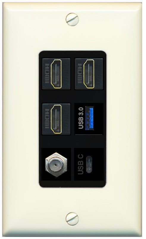 RiteAV 3 HDMI USB3 USBC Coax Wall Plate - 1 Gang Decorative [Light-Almond/Black]