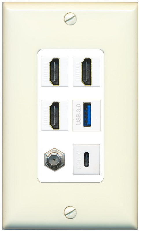RiteAV 3 HDMI USB3 USBC Coax Wall Plate - 1 Gang Decorative [Light-Almond/White]