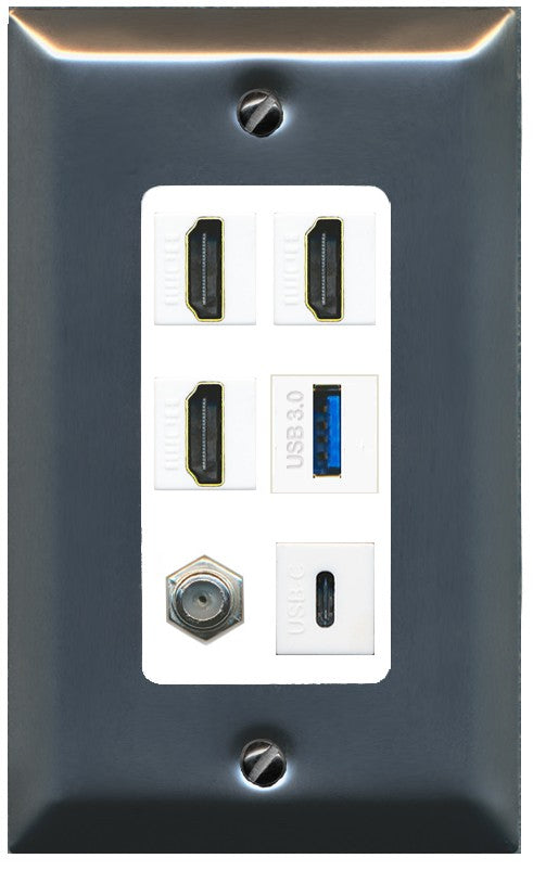 RiteAV 3 HDMI USB3 USBC Coax Wall Plate - 1 Gang Decorative [Brushed-Nickel/White]