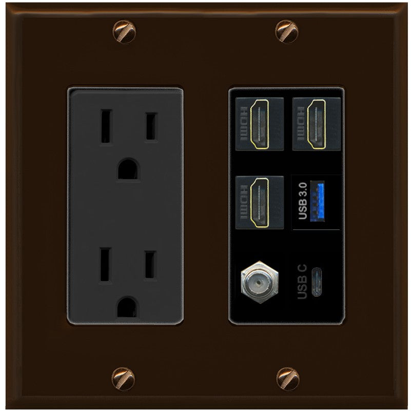 RiteAV 3 HDMI USB3 USBC Coax Wall Plate - Outlet [Brown/Black]