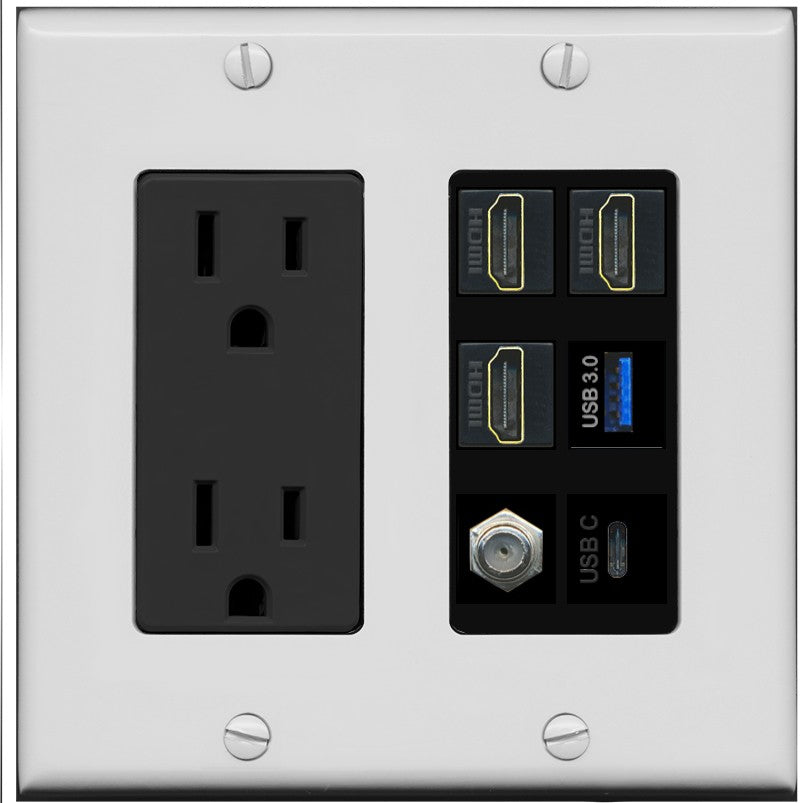 RiteAV 3 HDMI USB3 USBC Coax Wall Plate - Outlet [Gray/Black]
