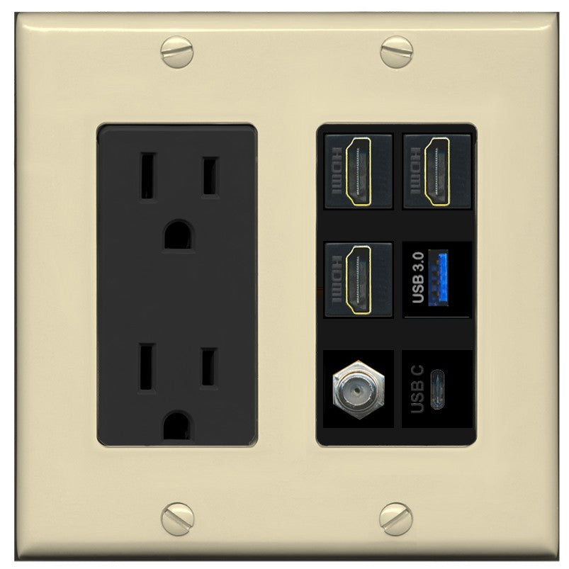 RiteAV 3 HDMI USB3 USBC Coax Wall Plate - Outlet [Ivory/Black]