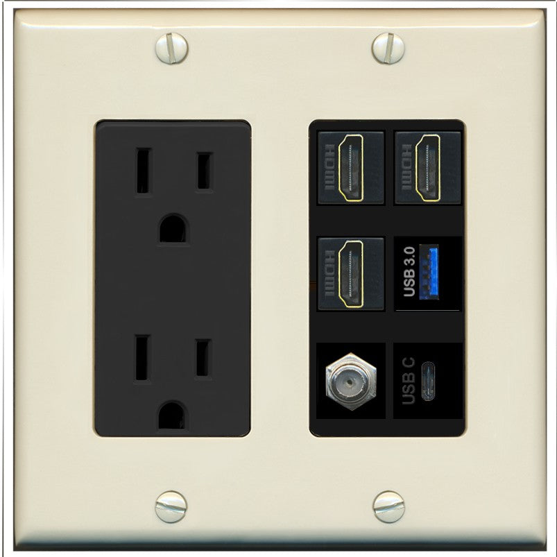RiteAV 3 HDMI USB3 USBC Coax Wall Plate - Outlet [Light-Almond/Black]