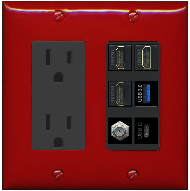 RiteAV 3 HDMI USB3 USBC Coax Wall Plate - Outlet [Red/Black]