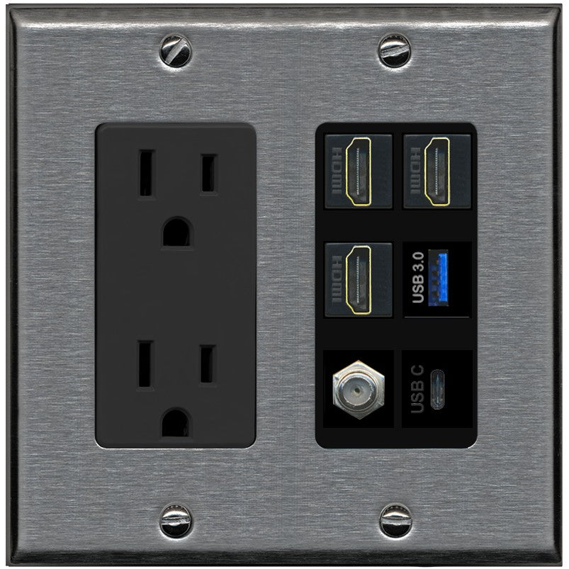 RiteAV 3 HDMI USB3 USBC Coax Wall Plate - Outlet [Stainless/Black]