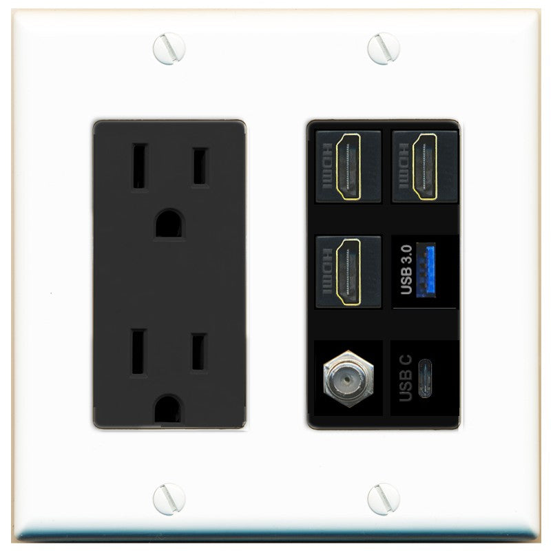 RiteAV 3 HDMI USB3 USBC Coax Wall Plate - Outlet [White/Black]