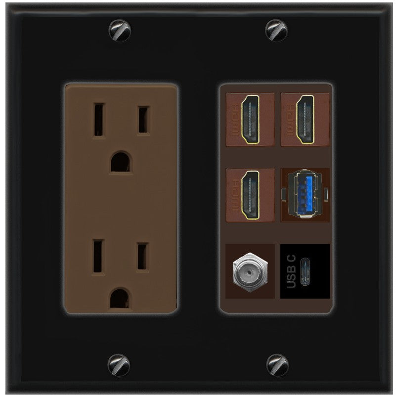 RiteAV 3 HDMI USB3 USBC Coax Wall Plate - Outlet [Black/Brown]