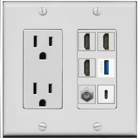 RiteAV 3 HDMI USB3 USBC Coax Wall Plate - Outlet [Gray/Gray]