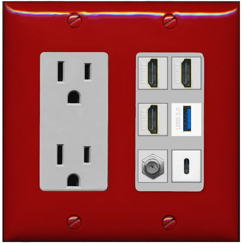 RiteAV 3 HDMI USB3 USBC Coax Wall Plate - Outlet [Red/Gray]