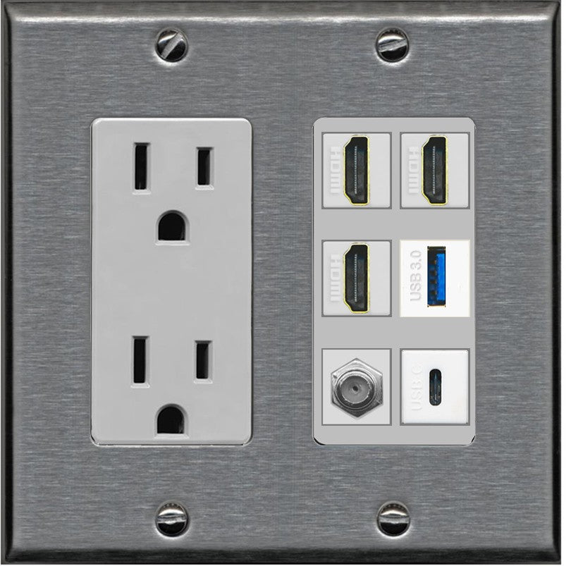 RiteAV 3 HDMI USB3 USBC Coax Wall Plate - Outlet [Stainless/Gray]