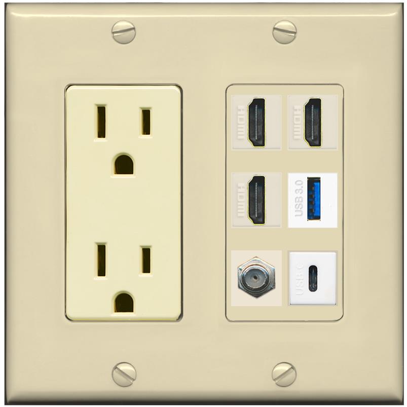 RiteAV 3 HDMI USB3 USBC Coax Wall Plate - Outlet [Ivory/Ivory]
