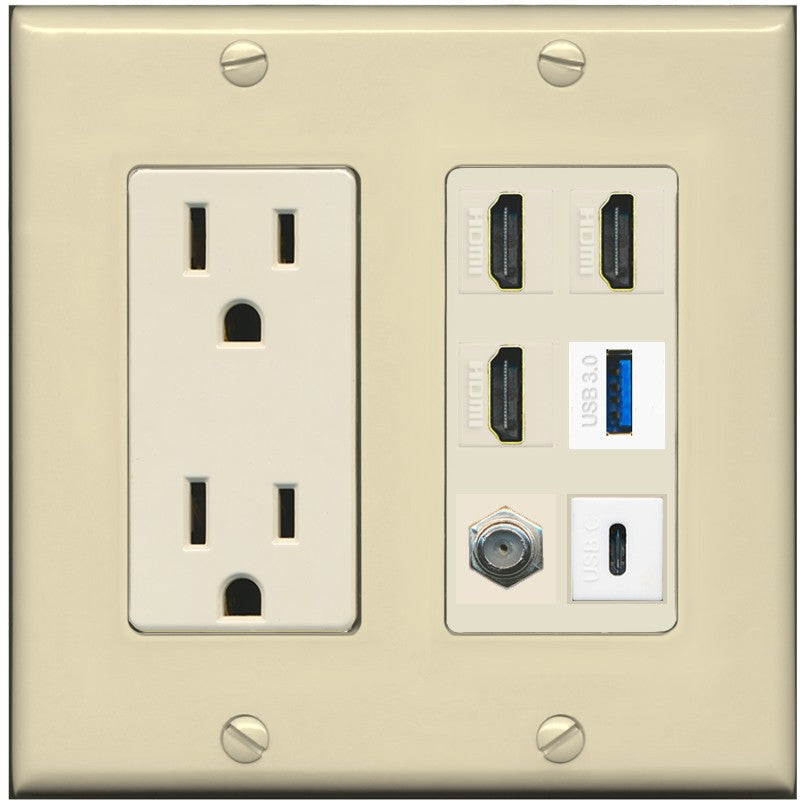 RiteAV 3 HDMI USB3 USBC Coax Wall Plate - Outlet [Ivory/Light-Almond]