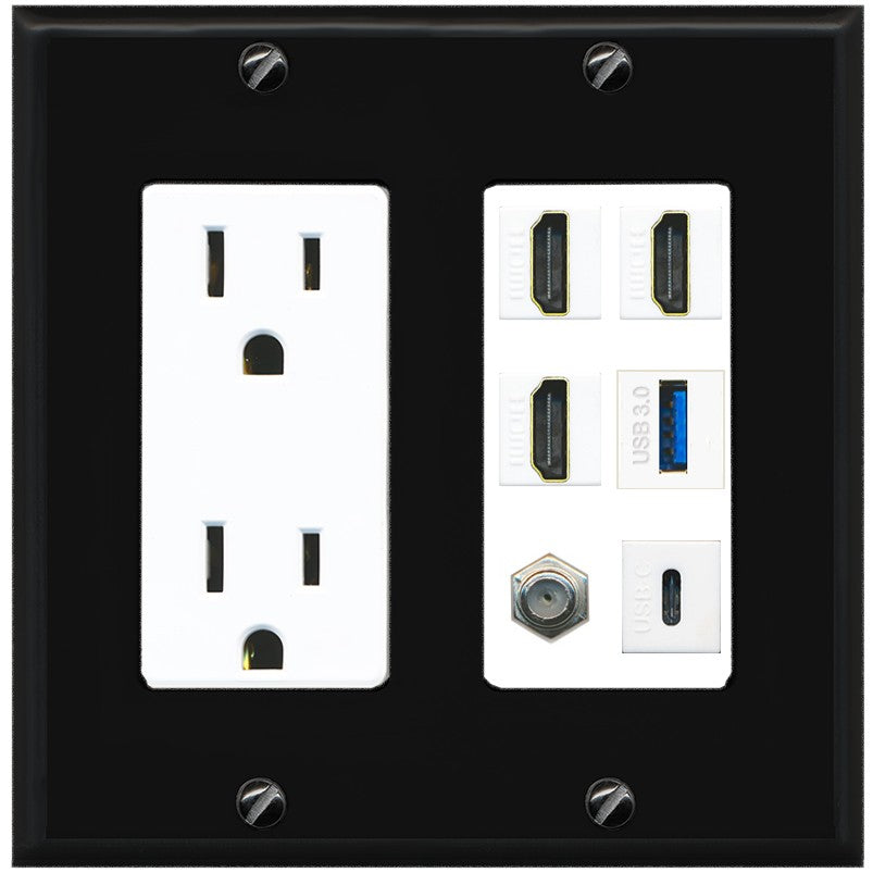 RiteAV 3 HDMI USB3 USBC Coax Wall Plate - Outlet [Black/White]