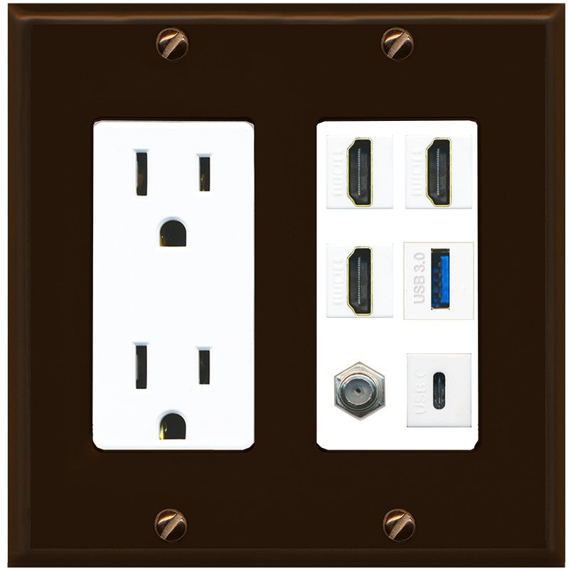 RiteAV 3 HDMI USB3 USBC Coax Wall Plate - Outlet [Brown/White]