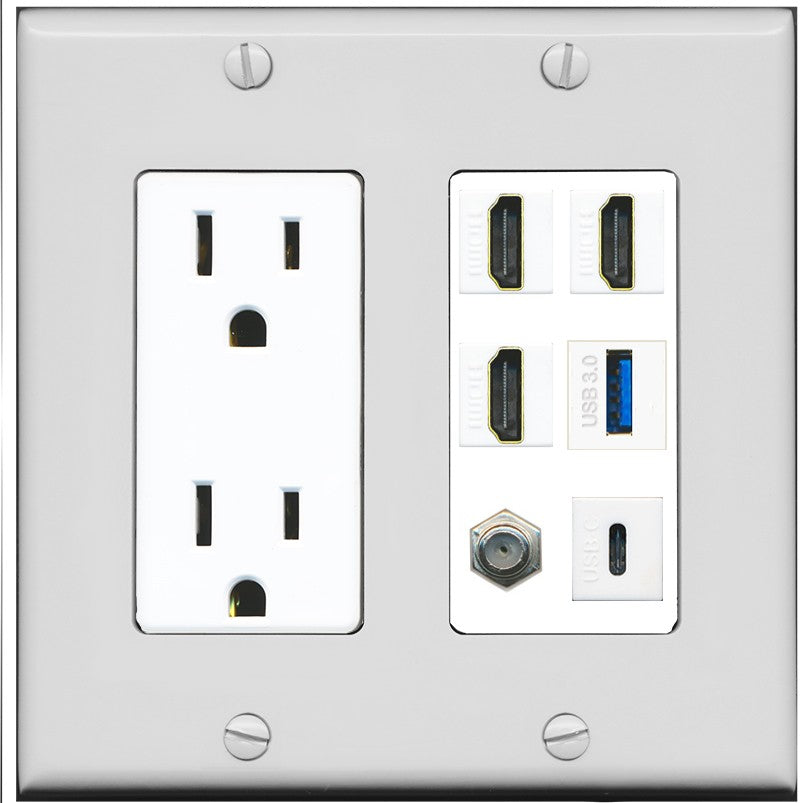 RiteAV 3 HDMI USB3 USBC Coax Wall Plate - Outlet [Gray/White]