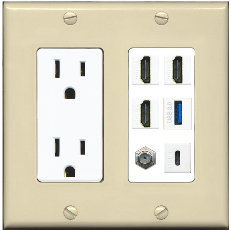 RiteAV 3 HDMI USB3 USBC Coax Wall Plate - Outlet [Ivory/White]