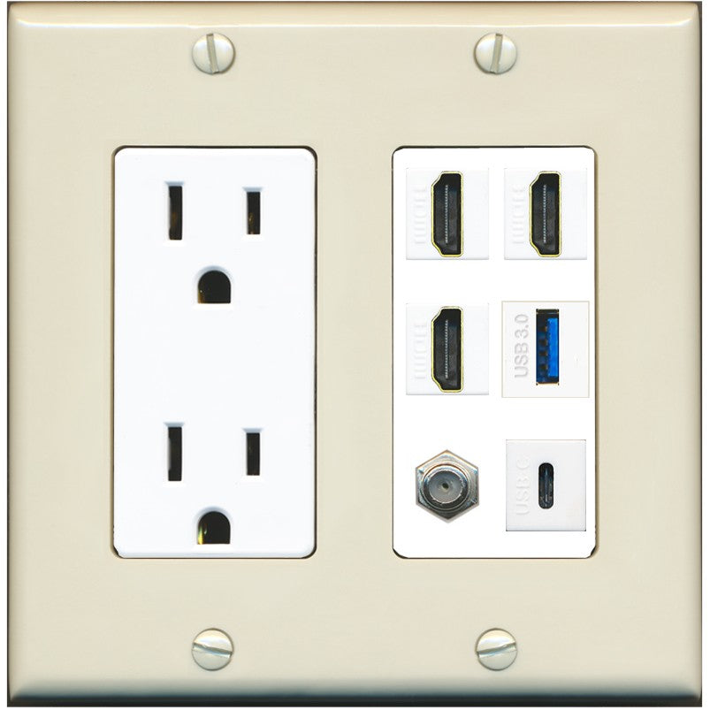 RiteAV 3 HDMI USB3 USBC Coax Wall Plate - Outlet [Light-Almond/White]