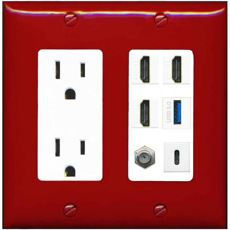 RiteAV 3 HDMI USB3 USBC Coax Wall Plate - Outlet [Red/White]
