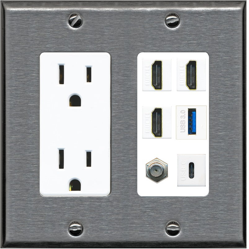 RiteAV 3 HDMI USB3 USBC Coax Wall Plate - Outlet [Stainless/White]
