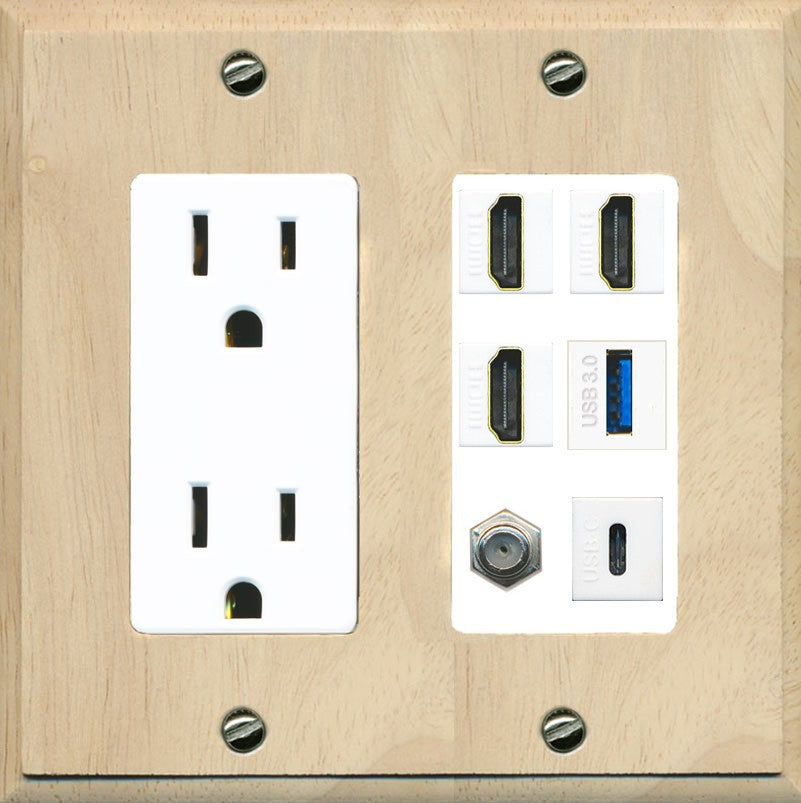 RiteAV 3 HDMI USB3 USBC Coax Wall Plate - Outlet [Wood/White]