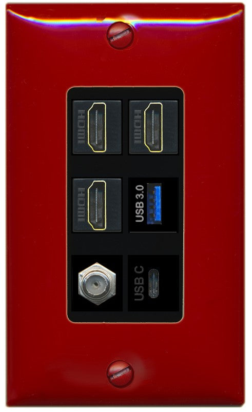 RiteAV 3 HDMI USB3 USBC Coax Wall Plate - 1 Gang Decorative [Red/Black]