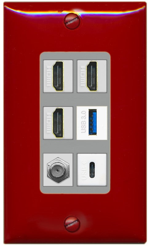 RiteAV 3 HDMI USB3 USBC Coax Wall Plate - 1 Gang Decorative [Red/Gray]
