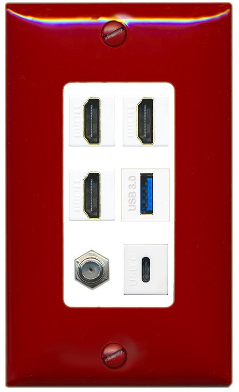 RiteAV 3 HDMI USB3 USBC Coax Wall Plate - 1 Gang Decorative [Red/White]